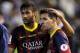 VALENCIA, SPAIN - APRIL 16: Lionel Messi (R) and Neymar of FC Barcelona react after losing 2-1 to Real Madrid in the Copa del Rey Final between Real Madrid and Barcelona at Estadio Mestalla on April 16, 2014 in Valencia, Spain. (Photo by Denis Doyle/Get