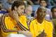 Oct 8, 2013; Ontario, CA, USA; Los Angeles Lakers forward Pau Gasol (left) and guard Kobe Bryant react during the game against the Denver Nuggets at Citizens Business Bank Arena. The Lakers defeated the Nuggest 90-88. Mandatory Credit: Kirby Lee-USA TODAY