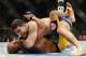 Dec 28, 2013; Las Vegas, NV, USA; Chris Weidman (red gloves) and Anderson Silva (blue gloves) fight during their UFC middleweight championship bout at the MGM Grand Garden Arena. Weidman won. Mandatory Credit: Jayne Kamin-Oncea-USA TODAY Sports