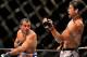 Feb 15, 2014; Jaragua do Sul, SC, Brazil; Lyoto Machida (red gloves) fights against Gegard Mousasi (blue gloves) during UFC Fight Night Machida vs Mousasi at Arena Jaragua. Mandatory Credit: Jason Silva-USA TODAY Sports