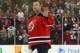 Apr 13, 2014; Newark, NJ, USA; New Jersey Devils goalie Martin Brodeur (30) is honored by fans after his 3-2 win over the Boston Bruins at Prudential Center. Mandatory Credit: Ed Mulholland-USA TODAY Sports