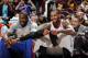 CLEVELAND, OH - MARCH 8: Amar'e Stoudemire #1 and Carmelo Anthony #7 of the New York Knicks sit on the sideline during a game against the Cleveland Cavaliers at The Quicken Loans Arena on February 8, 2014 in Cleveland, Ohio. NOTE TO USER: User expressly a