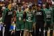 Apr 14, 2014; Philadelphia, PA, USA; Boston Celtics guard Rajon Rondo (9) walks off the court after being injured in the first quarter of the game against the Philadelphia 76ers at Wells Fargo Center. Mandatory Credit: John Geliebter-USA TODAY Sports