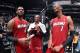 BROOKLYN, NY - MAY 12: LeBron James #6, Dwyane Wade #3 and Chris Bosh #1 of the Miami Heat celebrate after Game Four of the Eastern Conference Semifinals against the Brooklyn Nets on May 12, 2014 at Barclays Center in Brooklyn. NOTE TO USER: User expressl