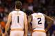 PHOENIX, AZ - DECEMBER 23: Goran Dragic #1 and Eric Bledsoe #2 of the Phoenix Suns during the NBA game against the Los Angeles Lakers at US Airways Center on December 23, 2013 in Phoenix, Arizona. NOTE TO USER: User expressly acknowledges and agrees tha