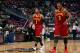 ATLANTA, GA - APRIL 04: Kyrie Irving #2 and Dion Waiters #3 of the Cleveland Cavaliers walk off the court between free throws in their 117-98 loss to the Atlanta Hawks at Philips Arena on April 4, 2014 in Atlanta, Georgia. NOTE TO USER: User expressly a