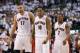 Apr 22, 2014; Toronto, Ontario, CAN; Toronto Raptors guard DeMar DeRozan (10) and center Jonas Valanciunas (17) and guard Kyle Lowry (7) come off the court after a play against the Brooklyn Nets in game two during the first round of the 2014 NBA Playoffs