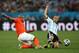 SAO PAULO, BRAZIL - JULY 09: Nigel de Jong of the Netherlands challenges Javier Mascherano of Argentina during the 2014 FIFA World Cup Brazil Semi Final match between the Netherlands and Argentina at Arena de Sao Paulo on July 9, 2014 in Sao Paulo, Brazi
