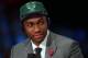 Jun 26, 2014; Brooklyn, NY, USA; Jabari Parker (Duke) is interviewed after being selected as the number two overall pick to the Milwaukee Bucks in the 2014 NBA Draft at the Barclays Center. Mandatory Credit: Brad Penner-USA TODAY Sports