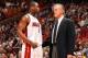 MIAMI - JANUARY 16: Dwyane Wade #3 talks with head coach Pat Riley of the Miami Heat during the game against the Chicago Bulls at American Airlines Arena on January 16, 2008 in Miami, Florida. The Bulls won 126-96. NOTE TO USER: User expressly acknowledg