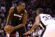 SAN ANTONIO, TX - JUNE 15: Chris Bosh #1 of the Miami Heat looks to pass as Boris Diaw #33 of the San Antonio Spurs defends during Game Five of the 2014 NBA Finals at the AT&T Center on June 15, 2014 in San Antonio, Texas. NOTE TO USER: User expressly ack
