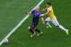 BRASILIA, BRAZIL - JULY 12: Thiago Silva of Brazil challenges Arjen Robben of the Netherlands resulting in a penalty kick for the Netherlands and yellow card for Silva during the 2014 FIFA World Cup Brazil Third Place Playoff match between Brazil and the