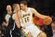 February 23, 2014; Los Angeles, CA, USA; Los Angeles Lakers center Pau Gasol (16) moves the ball against Brooklyn Nets power forward Mason Plumlee (1) during the first half at Staples Center. Mandatory Credit: Gary A. Vasquez-USA TODAY Sports