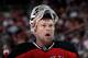 NEWARK, NJ - APRIL 11: Martin Brodeur #30 of the New Jersey Devils takes a break during the third period against the New York Islanders at the Prudential Center on April 11, 2014 in Newark, New Jersey. The Islanders defeated the Devils 3-2 in the shootou
