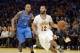 Mar 9, 2014; Los Angeles, CA, USA; Los Angeles Lakers point guard Kendall Marshall (12) drives against Oklahoma City Thunder small forward Caron Butler (2) during the second half at Staples Center. Mandatory Credit: Richard Mackson-USA TODAY Sports