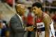 RIO DE JANEIRO, BRAZIL - OCTOBER 12: Former NBA player and wizards assistant coach Sam Cassell talks with Glen Rice, Jr. #14 during Chicago Bulls v Washington Wizards - NBA Global Games Rio 2013 at Arena HSBC on October 12, 2013 in Rio de Janeiro, Brazil