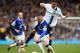 LIVERPOOL, ENGLAND - MAY 03: Javi Garcia of Manchester City competes with Ross Barkley of Everton during the Barclays Premier League match between Everton and Manchester City at Goodison Park on May 3, 2014 in Liverpool, England. (Photo by Laurence Grif