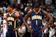 ATLANTA, GA - APRIL 24: Lance Stephenson #1 and Paul George #24 of the Indiana Pacers react in the final minutes of their 98-85 loss to the Atlanta Hawks in Game 3 of the Eastern Conference Quarterfinals during the 2014 NBA Playoffs at Philips Arena on A