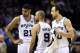 Jun 8, 2014; San Antonio, TX, USA; San Antonio Spurs forward Tim Duncan (21), guard Tony Parker (9) and guard Manu Ginobili (20) talk during the fourth quarter against the Miami Heat in game two of the 2014 NBA Finals at AT&T Center. The Heat won 98-96. M