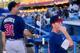 9 Sep 1997: Tom Glavine and Greg Maddux of the Atlanta Braves during the Braves 4-3 win over the Los Angeles Dodgers at Dodger Stadium in Los Angeles, California. Mandatory Credit: Harry How /Allsport