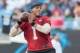 Jul 25, 2014; Charlotte, NC, USA; Carolina Panthers quarterback Cam Newton (1) throws a pass during training camp at Bank of America Stadium. Mandatory Credit: Jeremy Brevard-USA TODAY Sports