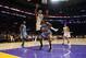 LOS ANGELES, CA - APRIL 13: Ed Davis #32 of the Memphis Grizzlies shoots against Jordan Hill #27 of the Los Angeles Lakers at Staples Center on April 13, 2014 in Los Angeles, California. NOTE TO USER: User expressly acknowledges and agrees that, by downlo