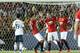 PASADENA, CA - JULY 23: Wayne Rooney #10 (C) of Manchester United celebrates with Ander Herrera #21 and Danny Welbeck #19 after making a penalty kick as Juninho #19 of the Los Angeles Galaxy reacts in the first half at the Rose Bowl on July 23, 2014 in P