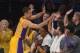 Apr 8, 2014; Los Angeles, CA, USA; Los Angeles Lakers guard Steve Nash (10) is congratulated by teammates Jodie Meeks (10), Nick Young (0) and Jordan Farmar (1) after passing Mark Jackson (not pictured) to move into third on the all-time NBA assist list i