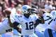 Oct 5, 2013; Blacksburg, VA, USA; North Carolina Tar Heels quarterback Marquise Williams (12) looks to pass in the second quarter at Lane Stadium. Mandatory Credit: Bob Donnan-USA TODAY Sports