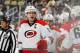 PITTSBURGH, PA - APRIL 1: Eric Staal #12 of the Carolina Hurricanes celebrates his goal with the bench during the third period against the Pittsburgh Penguins on April 1, 2014 at Consol Energy Center in Pittsburgh, Pennsylvania. (Photo by Gregory Shamus