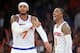 Apr 2, 2014; New York, NY, USA; New York Knicks guard J.R. Smith (8) and forward Carmelo Anthony (7) look on against the Brooklyn Nets during the second half at Madison Square Garden. The New York Knicks won 110-81. Mandatory Credit: Joe Camporeale-USA TO