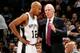 SAN ANTONIO - JANUARY 17: Head coach Gregg Popovich and Bruce Bowen #12 of the San Antonio Spurs talk during the NBA game against the Cleveland Cavaliers on January 17, 2008 at the AT&T Center in San Antonio, Texas. The Cavaliers won 90-88. NOTE TO USE
