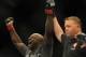 Jul 5, 2014; Las Vegas, NV, USA; Kevin Casey celebrates after his win against Bubba Bush during the first round of a middleweight fight at Mandalay Bay Events Center. Mandatory Credit: Stephen R. Sylvanie-USA TODAY Sports