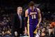 Dec 23, 2013; Phoenix, AZ, USA; Los Angeles Lakers head coach Mike D'Antoni and center Pau Gasol (16) on the sidelines against the Phoenix Suns at US Airways Center. The Suns won 117-90. Mandatory Credit: Jennifer Stewart-USA TODAY Sports