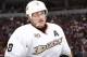 VANCOUVER, BC - APRIL 7: Teemu Selanne #8 of the Anaheim Ducks skates up ice during their NHL game against the Vancouver Canucks at Rogers Arena April 7, 2014 in Vancouver, British Columbia, Canada. Anaheim won 3-0 to eliminate the Canucks from the play