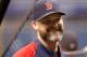 Jul 26, 2014; St. Petersburg, FL, USA; Boston Red Sox catcher David Ross (3) works out prior to the game against the Tampa Bay Rays at Tropicana Field. Mandatory Credit: Kim Klement-USA TODAY Sports