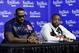 Jun 15, 2014; San Antonio, TX, USA; Miami Heat forward LeBron James (6) and guard Dwyane Wade (3) speak during a press conference after game five of the 2014 NBA Finals at AT&T Center. Mandatory Credit: Bob Donnan-USA TODAY Sports