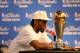 SAN ANTONIO, TX - JUNE 15: Kawhi Leonard #2 of the San Antonio Spurs winner of the Bill Russell NBA Finals Most Valuable Player Award addresses the media after winning the Larry O'Brien Trophy in Game Five of the 2014 NBA Finals against the Miami Heat at