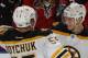 SUNRISE, FL - JANUARY 16: David Krejci #46 is congratulated by Johnny Boychuk #55 of the Boston Bruins after scoring the game-winning goal in the shoot-out against the Florida Panthers on January 16, 2012 at the BankAtlantic Center in Sunrise, Florida. Th