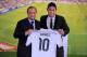 MADRID, SPAIN - JULY 22: James Rodriguez holds his new Real shirt beside club president Florentino Perez during his unveiling as a new Real Madrid player at the Santaigo Bernabeu stadium on July 22, 2014 in Madrid, Spain. Real agreed to buy Rodriguez fro