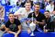 LEICESTER, ENGLAND - MAY 05: Anthony Knockaert, Chris Wood, Luke Moore and Riyad Mahrez of Leicester City look on, as they ride in an open top bus through the city centre during a victory parade in honour of the football club winning the SkyBet Champions