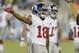 CANTON, OH - AUGUST 3: Wide receiver Marcus Harris #18 of the New York Giants celebrates after running for a first down during the second quarter against the Buffalo Bills at the 2014 NFL Hall of Fame Game at Fawcett Stadium on August 3, 2014 in Canton, O