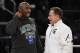 Mar 27, 2014; New York, NY, USA; Michigan State Spartans former player Mateen Cleaves talks with Michigan State Spartans head coach Tom Izzo during practice for the east regional of the 2014 NCAA Tournament at Madison Square Garden. Mandatory Credit: Robe