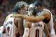 PORTLAND, OR - APRIL 25: The Portland Trail Blazers starting five, Wesley Matthews #2, Damian Lillard #0, LaMarcus Aldridge #12, Nicolas Batum #88 and Robin Lopez #42 huddle before Game Three of the Western Conference Quarterfinals during the 2014 NBA Pl