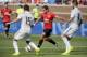 ANN ARBOR, MI - AUGUST 2: Javier Hernandez #14 of Manchester United drives the ball against Dani Carvajal #15 of Real Madrid and Xabi Alonso #14 of Real Madrid during the second half of the Guinness International Champions Cup at Michigan Stadium on Augu