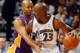 2 Apr 2002: Guard Michael Jordan #23 of the Washington Wizards posts up point guard Brian Shaw #20 of the Los Angeles Lakers during the NBA game at MCI Center in Washington, District of Columbia. The Lakers won 113-93. Mandatory Credit: Mitchell Layton