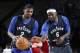 Feb 16, 2013; Houston, TX, USA; Eastern Conference forward LeBron James (6) of the Miami Heat tries to take the ball away from guard Kyrie Irving (2) of the Cleveland Cavaliers during practice for the 2013 NBA all star game at the George R. Brown Conventi