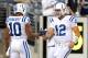 Aug 7, 2014; East Rutherford, NJ, USA; Indianapolis Colts quarterback Andrew Luck (12) shakes hands with wide receiver Donte Moncrief (10) during warm ups before taking on the New York Jets at MetLife Stadium. Mandatory Credit: Adam Hunger-USA TODAY Sport
