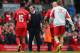 LIVERPOOL, ENGLAND - MARCH 30: Liverpool Manager Brendan Rodgers congratulates Daniel Sturridge of Liverpool at the end of the Barclays Premier League match between Liverpool and Tottenham Hotspur at Anfield on March 30, 2014 in Liverpool, England. (Pho