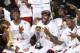 Jun 20, 2013; Miami, FL, USA; Miami Heat shooting guard Dwyane Wade (left), LeBron James (center) and Chris Bosh (right) celebrate after game seven in the 2013 NBA Finals at American Airlines Arena. Miami defeated the San Antonio Spurs 95-88 to win the NB
